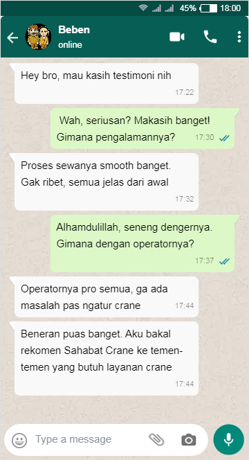 Tesrimoni Pelanggan Sahabat Crane