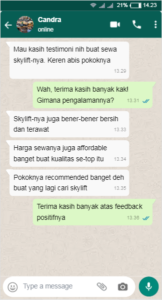 Testimoni Sewa Skylift di Sahabat Crane