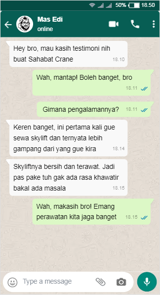 Testimoni Sewa Skylift di Sahabat Crane